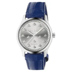 Gucci Ure*38 mm stålkasse, solbørstet urskive med bier, farvet alligatorrem Blå