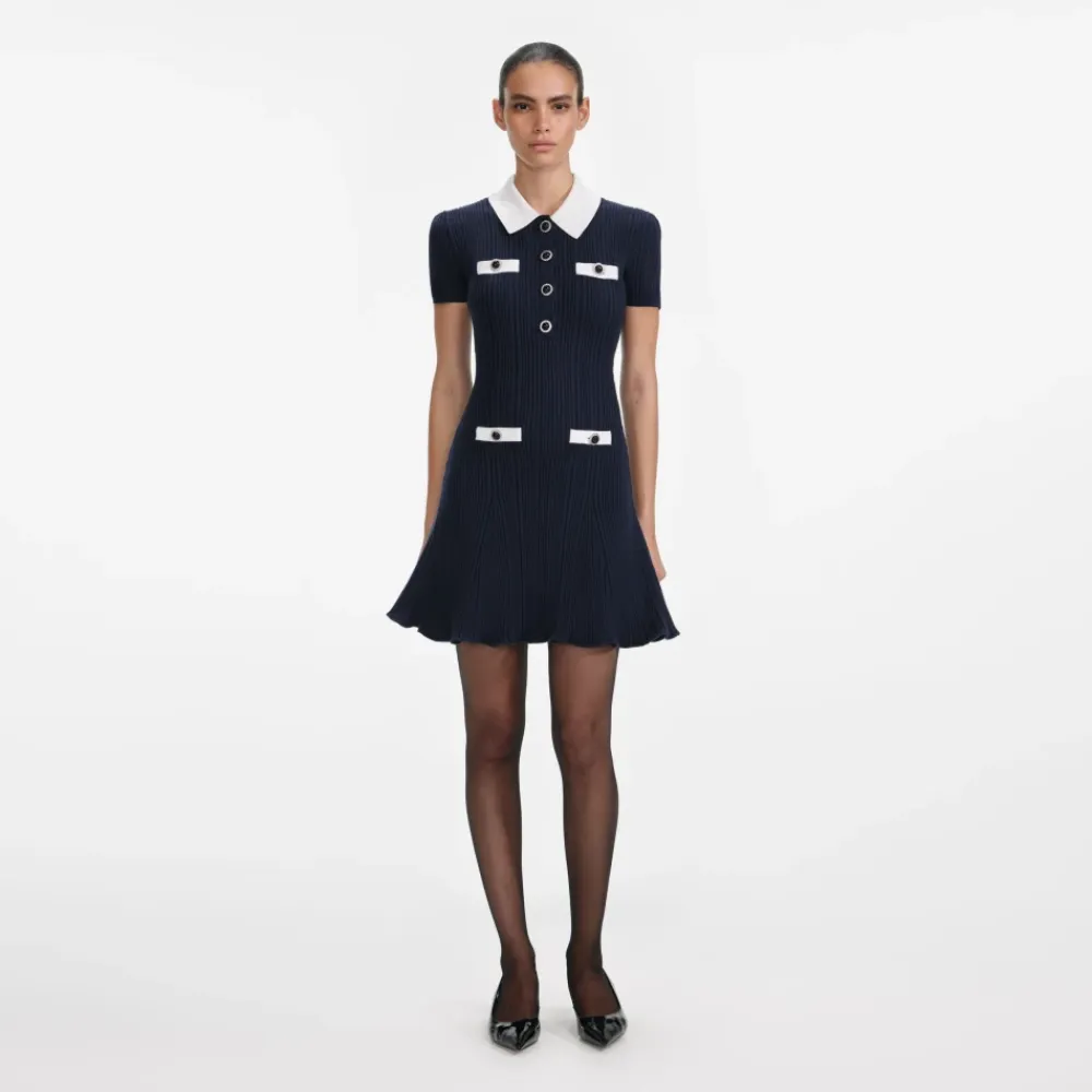 Self Portrait Kjoler*Contrast Collar Knit Mini Dress Blå