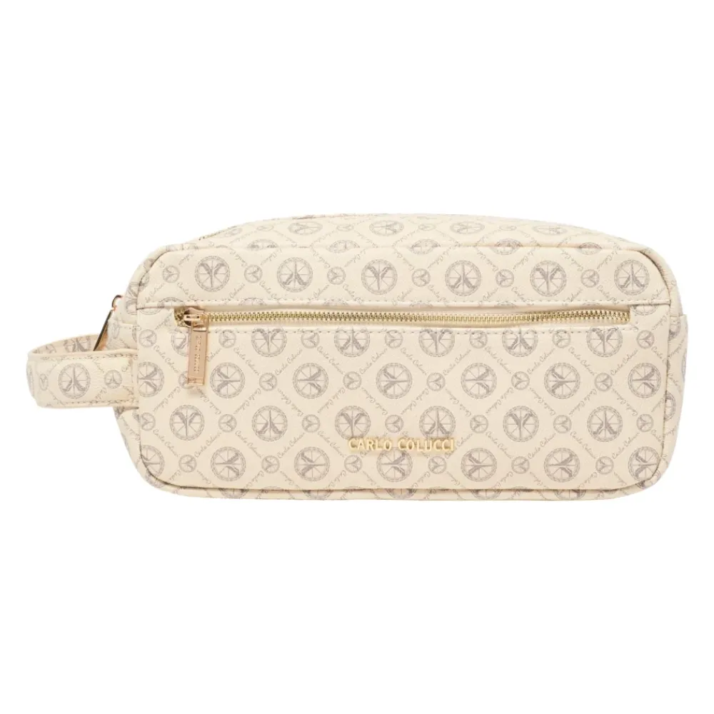 Carlo Colucci Toilettasker*Elegant Logo Print Kosmetikpose Beige