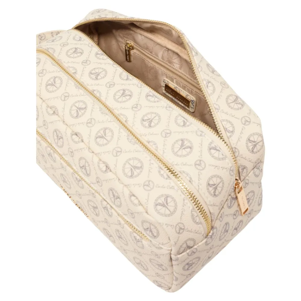 Carlo Colucci Toilettasker*Elegant Logo Print Kosmetikpose Beige