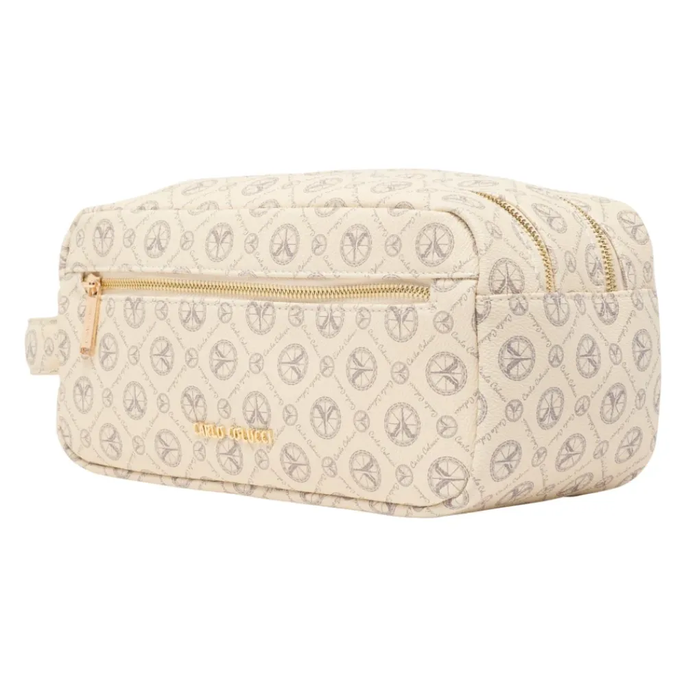 Carlo Colucci Toilettasker*Elegant Logo Print Kosmetikpose Beige