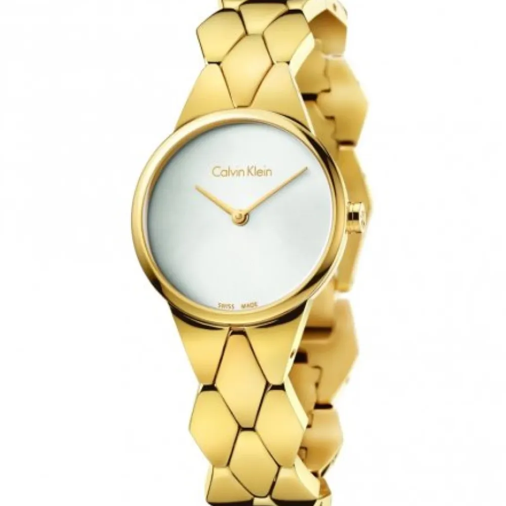 Calvin Klein Ure*Elegant Quartz Ur med Hvid Urskive og Rustfri Stållænke Gul