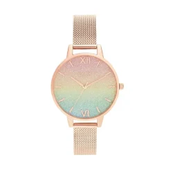 Olivia Burton Ure*Rainbow Glitter Dial Rose Gold Mesh Watch Multifarvet