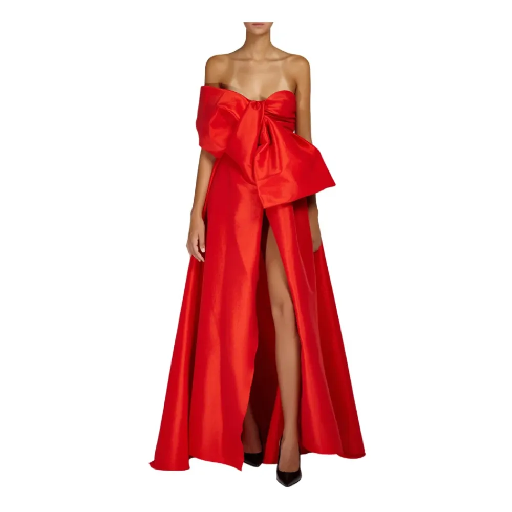 DORIS S Kjoler*Elegant Lang Kjole med Sideslidse og Frontbue Rød