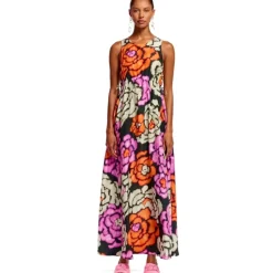 Essentiel Antwerp Kjoler*Sort blomstret lang silkekjole Multifarvet
