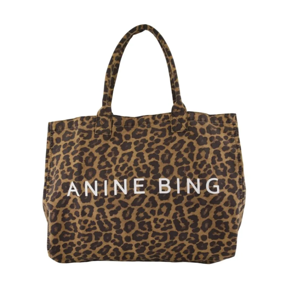 Anine Bing Indkøbstasker*Sort bomuldsshopper taske med leopard Multifarvet