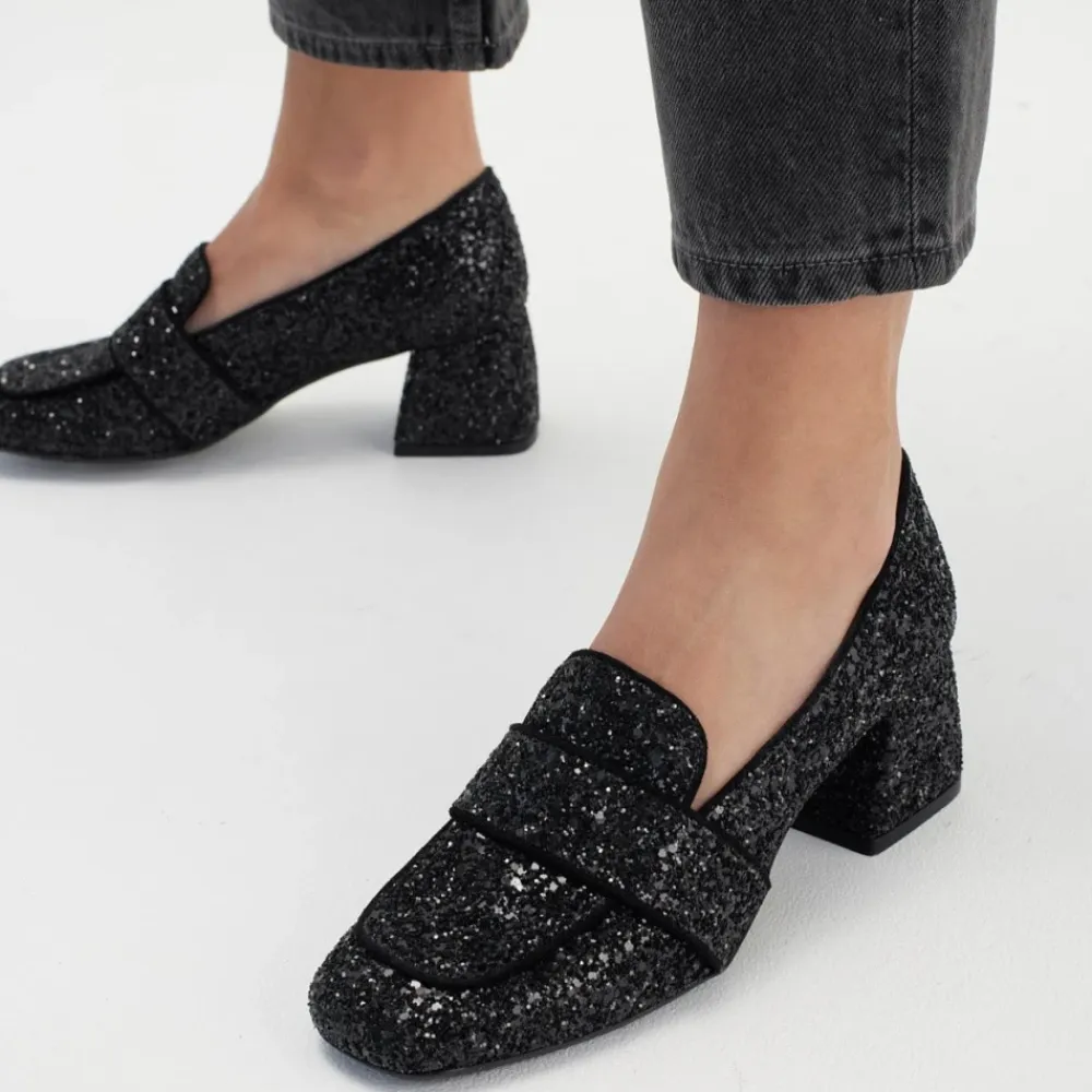 Angulus Pumps|Stiletter*Glitter Loafer med 5cm Hæl Sort