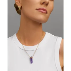 Nialaya Smykker*Sterling Silver Amethyst Crystal Necklace with Engraved Evil Eye Detail Gul