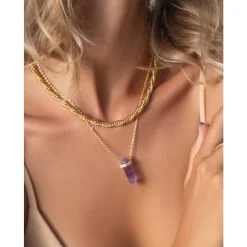 Nialaya Smykker*Sterling Silver Amethyst Crystal Necklace with Engraved Evil Eye Detail Gul