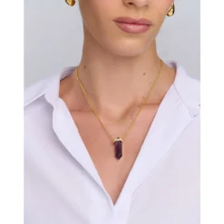 Nialaya Smykker*Sterling Silver Amethyst Crystal Necklace with Engraved Evil Eye Detail Gul