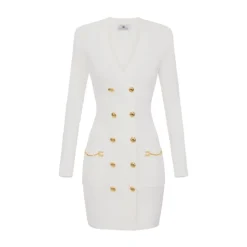 Elisabetta Franchi Kjoler*Strikkjole med juvelknapper Hvid