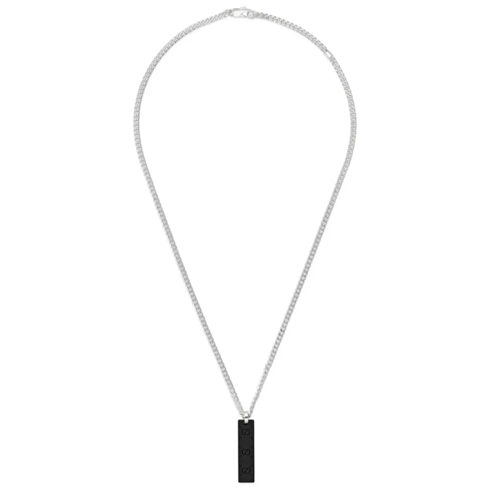 Gucci Smykker*Taghalskæde i sterlingsølv og sort gummibelagt mærke _længde 50/55 cm Grå