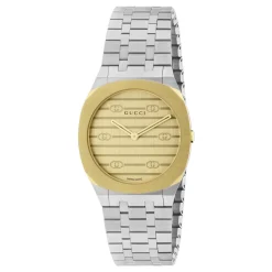 Gucci Ure*Uomo/Donna - YA163502 - 30mm rustfrit stål og 18k dbelagt flerlagskasse, gylden messing urskive med Interlocking G-motiv, armbånd i rustfrit stål med fem led Gul