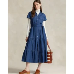 Polo Ralph Lauren Kjoler*Voluminøs Denim Maxi Kjole Blå