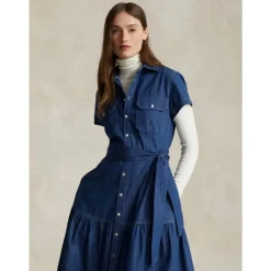Polo Ralph Lauren Kjoler*Voluminøs Denim Maxi Kjole Blå