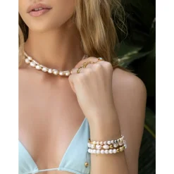 Nialaya Smykker*Women's Beaded Bracelet with White Sea Pearl and Gold Gul