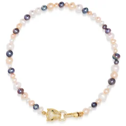 Nialaya Smykker*Women's Multi-Colored Pearl Choker with Gold Panther Head Gul