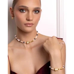 Nialaya Smykker*Women's Multi-Colored Pearl Choker with Gold Panther Head Gul