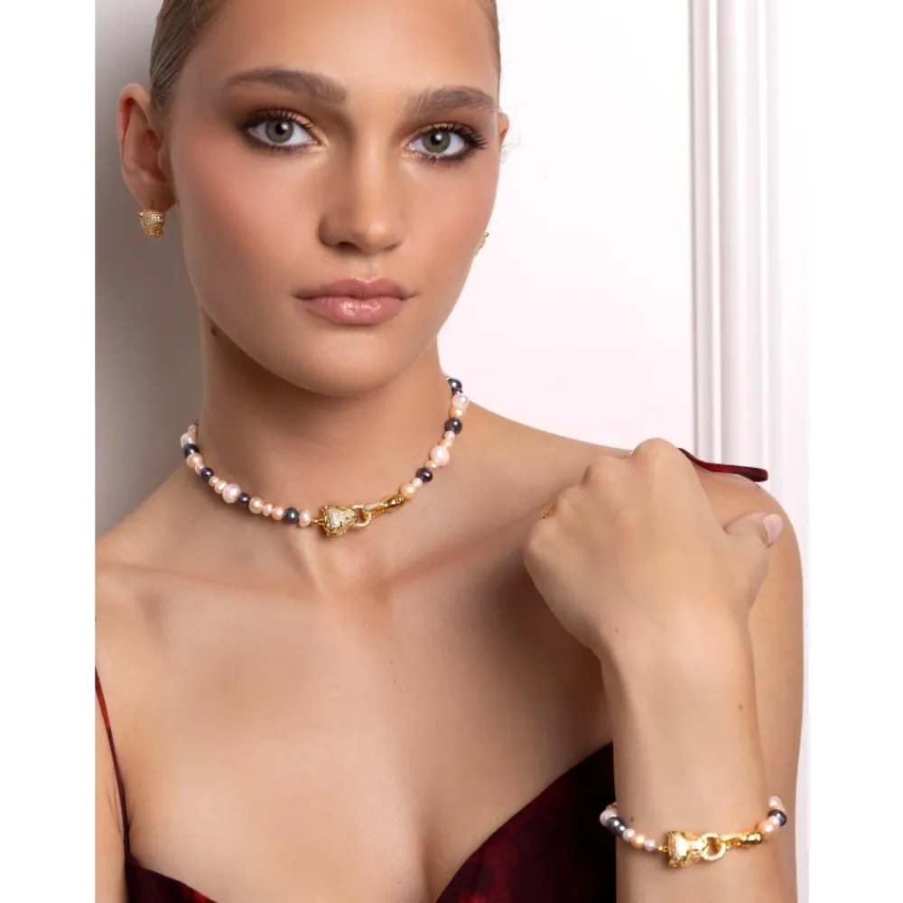 Nialaya Smykker*Women's Multi-Colored Pearl Choker with Gold Panther Head Gul