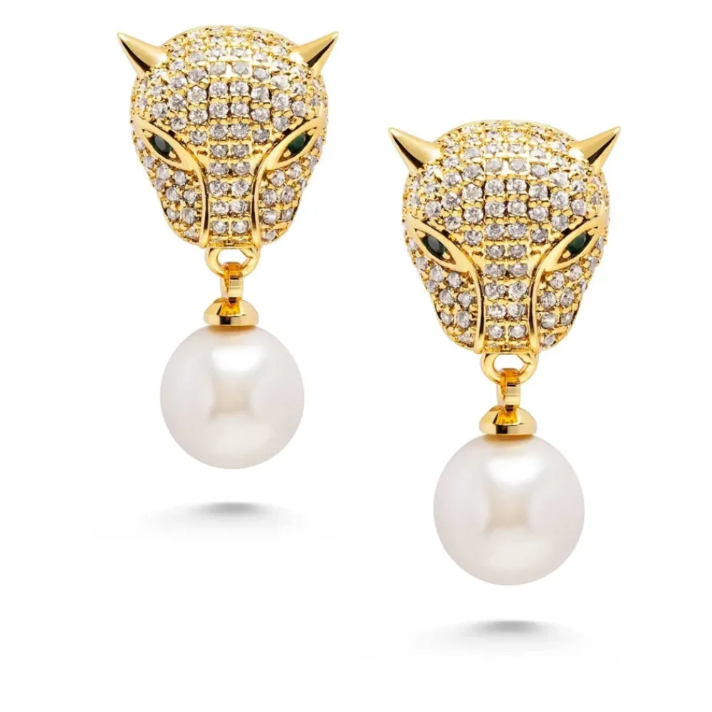 Nialaya Smykker*Women's Panther Earring with Pearl Drop Gul