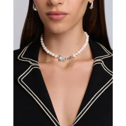 Nialaya Smykker*Women's Pearl Choker with Silver Panther Head Grå