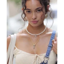 Nialaya Smykker*Women's Pearl Choker with Angel Wing Pendant Grå