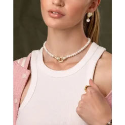 Nialaya Smykker*Women's Pearl Choker with Gold Double Panther Head Gul