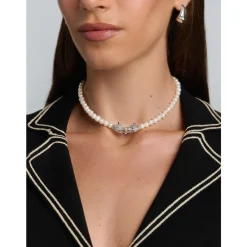 Nialaya Smykker*Women's Pearl Choker with Silver Double Panther Head Grå