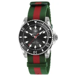 Gucci Ure*YA136364 - Dive 40 mm rustfrit stålkasse, sort urskive, keramisk bezel, nato grøn-rød-grøn rem, selvoptrækkende bevægelse Multifarvet