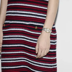 Gucci Ure*YA166503 - G-Flat 24mm rustfrit stål urkasse med 18 kt guldbelagt bezel og skruer; Sølvforzinket skive med romerske indekser kl. 12 og 6 og diamantindekser; Rustfrit stål armbånd Grå