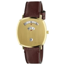 Gucci Ure*YA157411 - Grip t d PVD, 3 vinduer der angiver time, minut & dato, bordeaux læderrem Gul