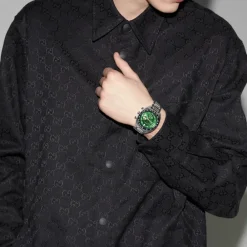 Gucci Ure*YA142318 - Interlocking 41mm rustfrit stål urkasse, t skive, lille sekundviser, sort keramisk bezel med tachymeter indikation, rustfrit stål armbånd Grøn