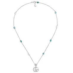 Gucci Smykker*YBB527399001 - Argento 925, Madreperla, Topazio, Resina - Halskæde med Interlocking G vedhæng i blankt ældet sterlingsølv, perlemor, blå topas og turkis harpiks Grøn